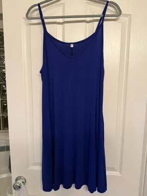Royal Blue Spaghetti Strap Slip Dress XL | Flowy Rayon Tank Dress with Pockets thumbnail 2