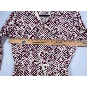 Womens Geometric Diamond Print Long Sleeve Button Down Midi Shirt Dress Burgundy thumbnail 7