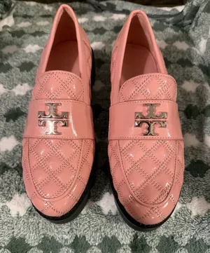 Tory Burch Blush Quilted Patent Leather Loafers with Silver Logo thumbnail 1