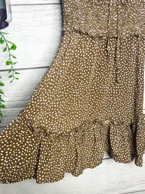 Brown & White Polka Dot Smocked Sleeveless Mini Dress with Ruffle Hem Size Small thumbnail 5