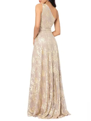 NWT BETSY AND ADAM "MARIAH" Gold FOIL KNIT ONE SHOULDER DRESS thumbnail 7