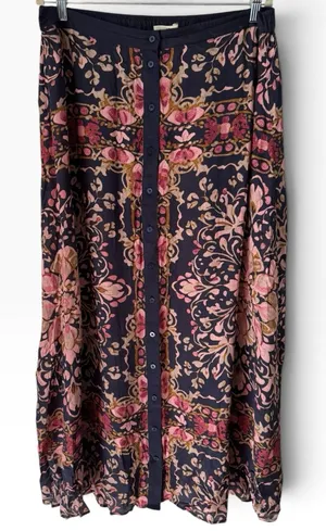 NWT Natural Life Navy Blue Pink Floral Button Front Maxi Skirt Size XL thumbnail 1