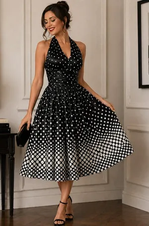 Eliza J Polka Dot Halter Dress - Size 6 NWT - Retro Fit & Flare Black White thumbnail 1