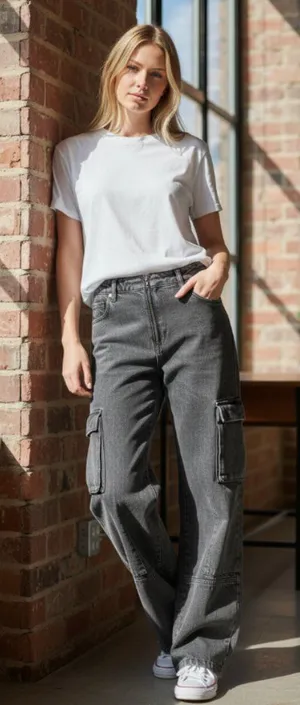 NWOT PTCL High Waist Wide Leg Cargo Jeans in Black Wash SZ-23 thumbnail 1
