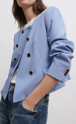 Zara NWT‎ Cropped Blazer L Blue Double Breasted Collarless Gold Button Jacket thumbnail 1