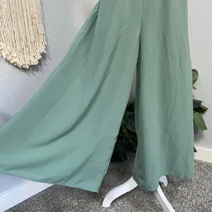 Gigio Sage Green Jumpsuit Wide Leg Ruffle Hem Smocked Adjustable Straps thumbnail 3