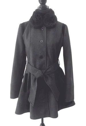 Laundry by Design Women Charcoal Gray Wool Blend Faux Fur Collar Belted Coat M thumbnail 1