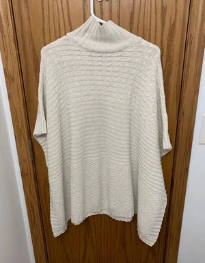 Turtleneck Knit Long Poncho Sweater Tan thumbnail 1