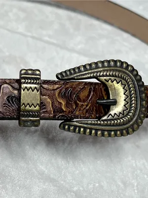 Hand-Tooled Brown Leather Western-Style Belt w/Antique Brass Buckle s/m thumbnail 3