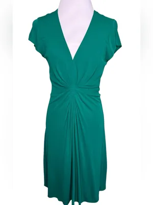 Vintage Banana Republic Emerald Green Ruched Front Dress V-Neck Midi Size 10 thumbnail 2