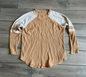 American Eagle Outfitters Tan Waffle-Knit Raglan Long Sleeve with Cream Accents thumbnail 1