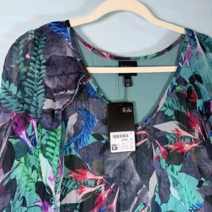 Ulla Popken Size-20/22-Tropical Cape Floral Pleated Chiffon Dress‎ Teal thumbnail 12