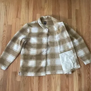 Gap Plaid Fleece Jacket Womens XL Tan Minimalist Fall Granola Western Neutral thumbnail 6