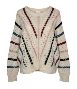 Vestique Sweater Womens Large Cream Multi Stripe Pointelle Knit Oversized Boho‎ thumbnail 1