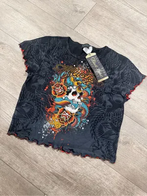 Affliction Black Cropped Graphic Tee with Multicolor Skull & Snake thumbnail 6