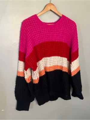Colorblock Knit Sweater - Pink/Red/Black Large thumbnail 3