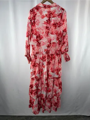 Udel New York Floral Long Sleeve Tiered‎ Maxi Shirt Dress in White Red thumbnail 3
