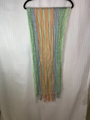 Charming Charlie Pastel Striped Knit Scarf Green Gray Peach Fringe Lightweight thumbnail 2