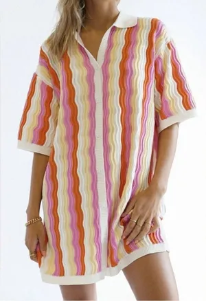 YLLW the Label Orange‎ Pink Chevron Felix Knit Button Up Dress thumbnail 1