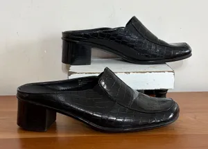 Aerosoles Pepperoni Black Croc Embossed Mules Block‎ Heel Square Toe Mens 10M thumbnail 1