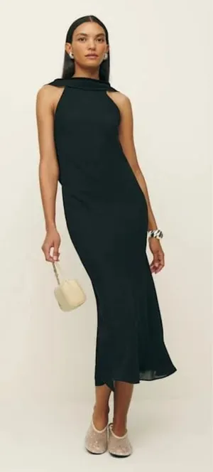 Reformation‎ | NWT Portia Scarf High Draped Neck Open Cowl Back Midi Dress Black thumbnail 1