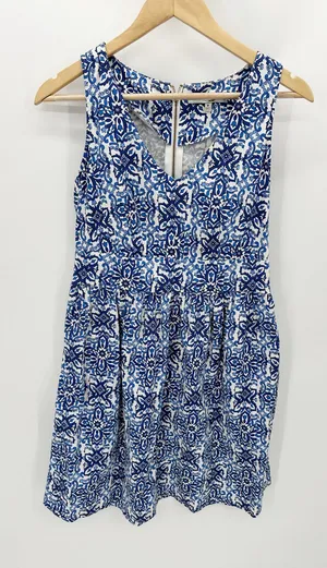 Milly Dress Women 8 Blue White Paisley Print‎ V-Neck Sleeveless Back Zip Mini thumbnail 1