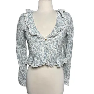 SEZANE Women’s Alexiana Blouse Blue Floral Print Quilted Long Sleeve thumbnail 4