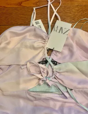 Zara Pastel Tie Dye Satin Ruched Cut Out Mini Dress Size M thumbnail 7