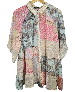 Gigio USA Patchwork Paisley Floral Button Down Sheer Tunic‎ Shirt TC2569 Medium thumbnail 1