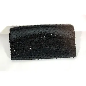 Vtg‎ Black Beaded Satin Evening Clutch Micro Bead Flowers Snap Close Hong Kong thumbnail 4