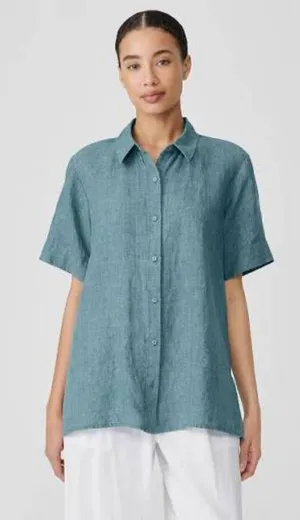 Eileen Fisher Blue Organic Linen Short Sleeve Button Down Top thumbnail 1
