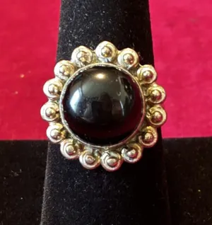 Vintage style Silver Tone Black Onyx Style Beaded Halo Cocktail Statement Ring thumbnail 1