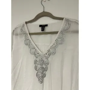 Alfani Boho 22W White Silver Sequin Beaded V-Neck Kimono Sleeve Tunic Top Womens thumbnail 5