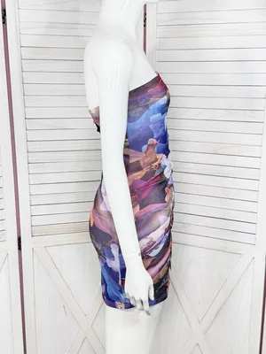 Y2k Mint Vanilla Printed Mesh Cinch Side Strapless Bodycon Mini Dress‎ Blue 8 thumbnail 4