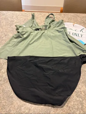 Time and Tru Olive Green Tankini Top with Black Bikini Bottom thumbnail 3