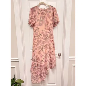 ASTR The‎ Label Pink Floral Metallic Asymmetric Midi Dress Flutter Sleeve Large thumbnail 2