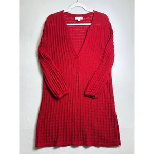 Calvin Klein Red Pointelle Knit V-Neck Sweater Dress Large thumbnail 2