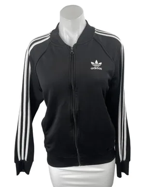 Adidas Women's Black Striped Full Zip Long Sleeve Track Bomber Jacket Size S thumbnail 1