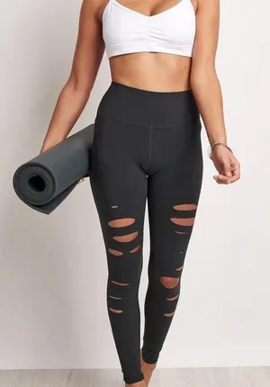 Alo‎ Yoga Womens Ripped Cutout Warrior Leggings Black Small High Waisted Workout thumbnail 1