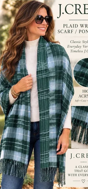 J.CREW Women's Green Gray Plaid Fringe Knit Acrylic Wrap Scarf thumbnail 1
