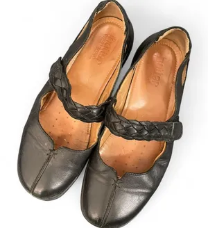 Hotter UK England Made Black Leather Flats Braided Strap Mary Janes Womens 7 thumbnail 1