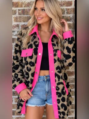 BiBi Leopard Sherpa Jacket Shacket with Neon PINK Trim NEW women’s size LARGE thumbnail 3