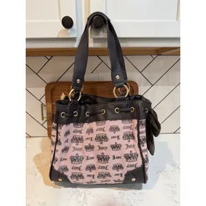 Vintage Juicy Couture Large Daydreamer Tote Bag brown pink crown pattern bow thumbnail 6