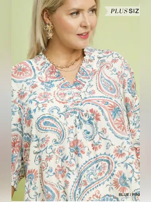 New! Umgee Plus Size Floral Paisley V-Neck Peasant Top - Blue/Pink Size 2X thumbnail 2