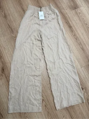 Love Tree Linen Blend Wide Leg Pants Beige Smocked‎ Waist Trousers Large NWT thumbnail 7
