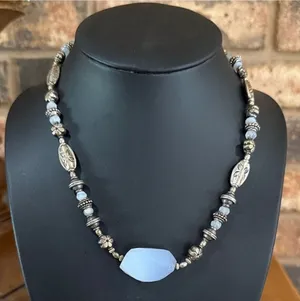 Vintage ice blue agate stone necklace with silver tone beads thumbnail 1