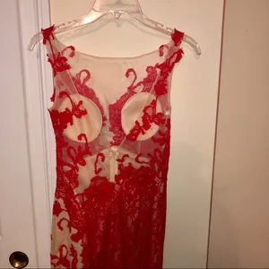 jovani red and nude lace fitted prom dress thumbnail 5