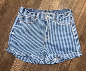 American Eagle cuffed striped high rise denim mom short thumbnail 1