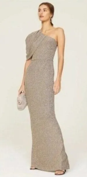 Black Halo EVE Egan One Shoulder Metallic Gown 0 Gold Luxe Long Stretch Pleated thumbnail 1