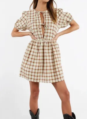 Motel Plaid Puff Sleeve Tie-Front Dress Size S Brown & Green Check Cottagecore thumbnail 2